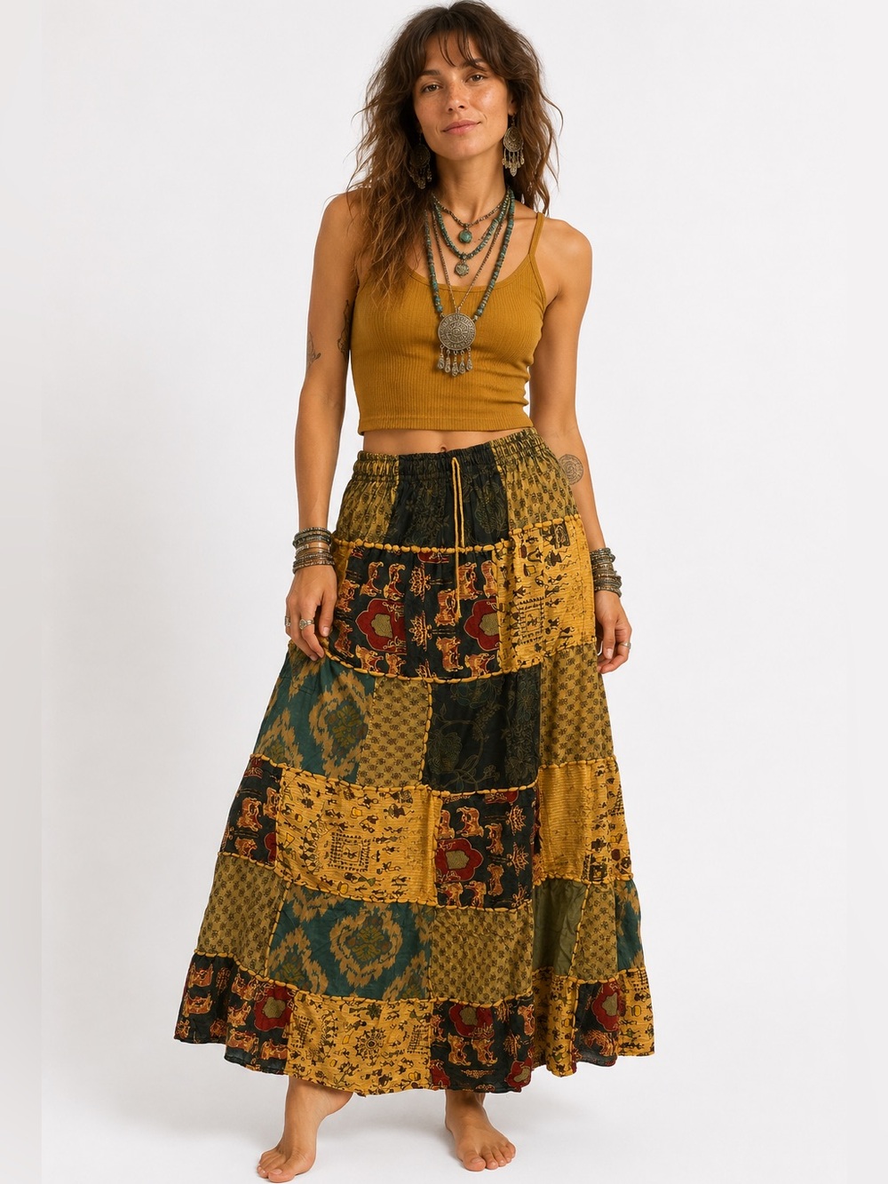 30. Bohemian Hippie Patchwork Maxi Skirt With Pockets Gypsy Festival
